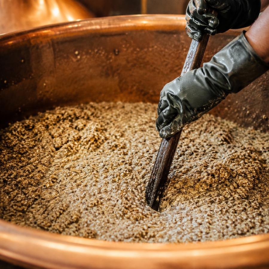 Mains gantées brassant le malt dans la cuve de cuivre