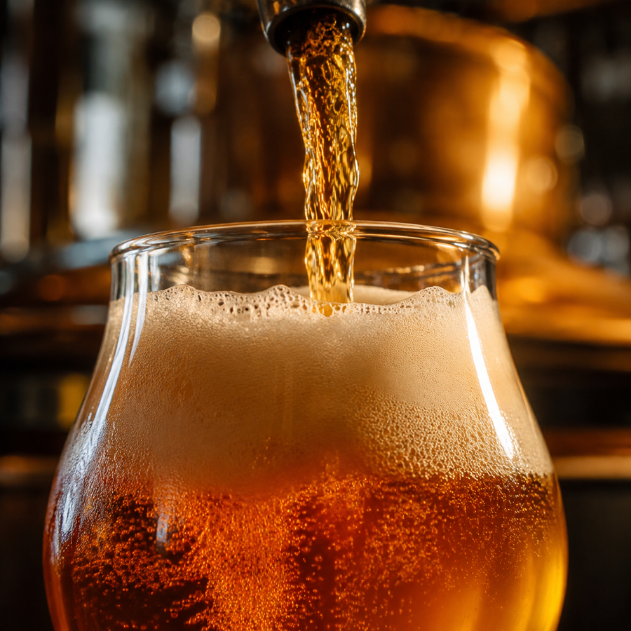 Bière ambrée servie dans un verre, mousse épaisse, contre-jour doré